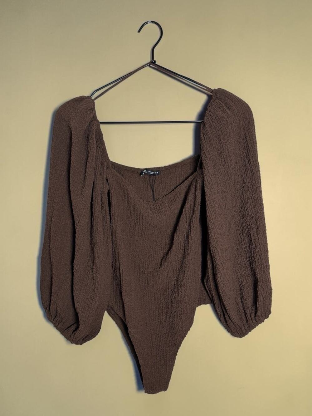 Zara Square-Neck Puff Sleeve Textured Brown Bodysuit